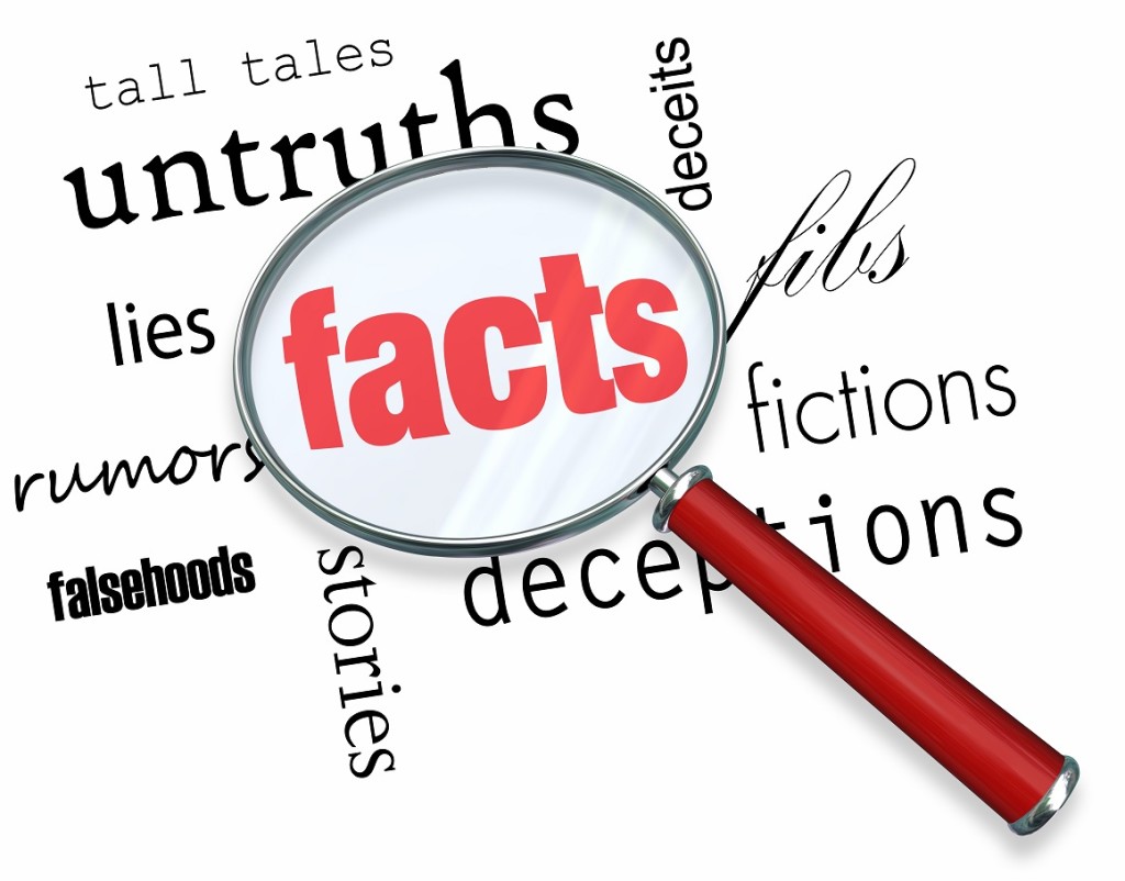 A magnifying glass hovering over several words like deceptions and lies, at the center of which is Facts