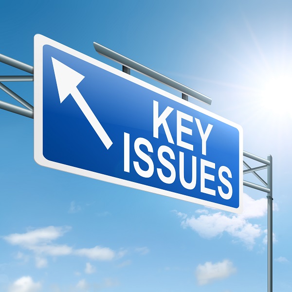 Illustration depicting a roadsign with a key issues concept. Sky background.